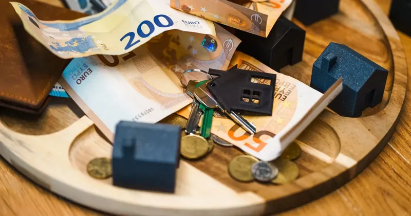 Modely domků, klíče a bankovky na stole