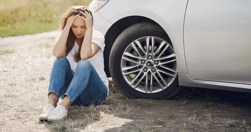 Žena sedí v šoku u poškozeného auta