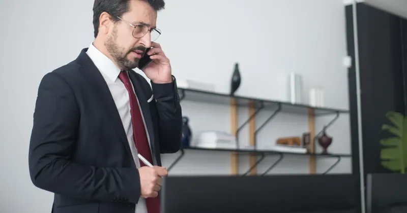 Muž v obleku telefonuje v kanceláři
